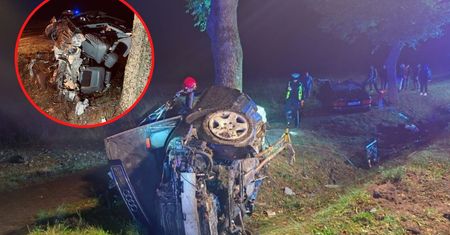 Audi rozerwane na pół po uderzeniu w drzewo. Kierowca wyleciał z auta