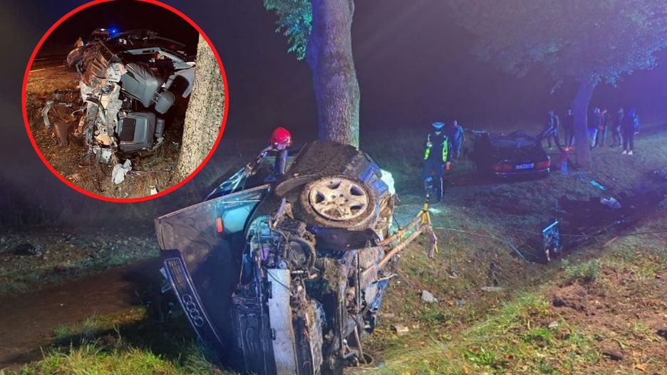 Śmiertelny wypadek koło Kielc. Z audi nic nie zostało fot. Ochotnicza Straż Pożarna Morawica