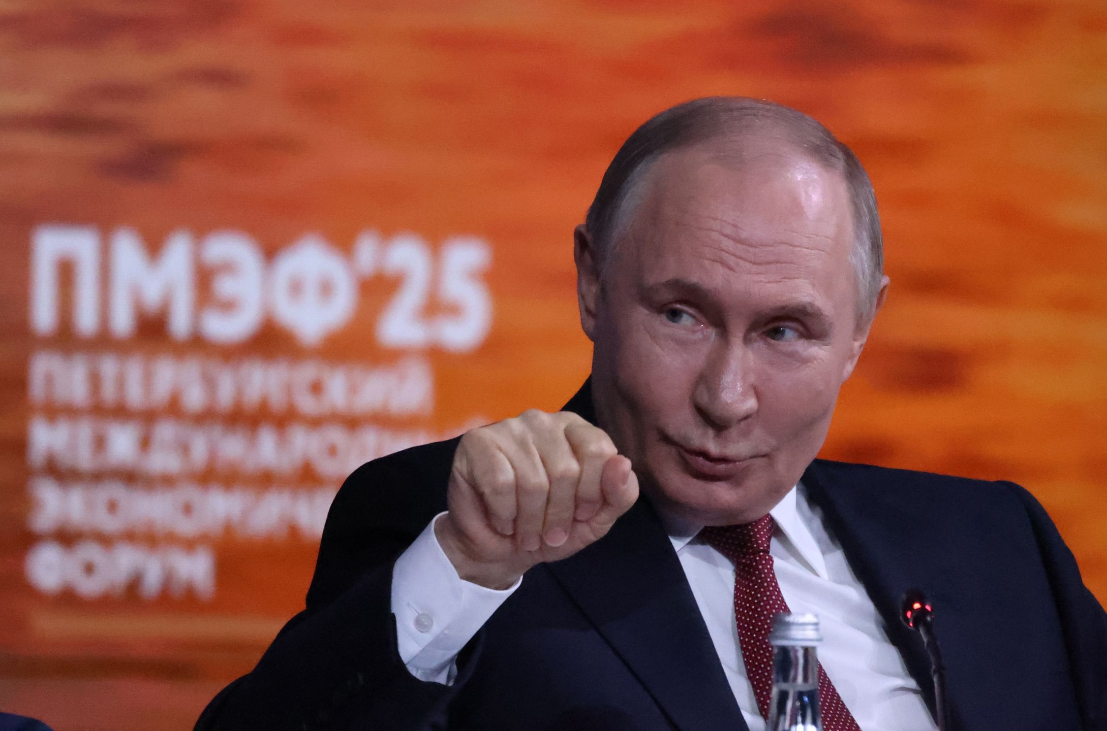 SAINT PETERSBURG, RUSSIA - JUNE 20: (RUSSIA OUT) Russian President Vladimir Putin speaks during the plenary session of the 28th Saint Petersburg International Economic Forum SPIEF 2025,  June 20, 2025, in Saint Petersburg, Russia. President Vladimir Putin attended the annual major economic forum.  (Photo by Contributor/Getty Images)