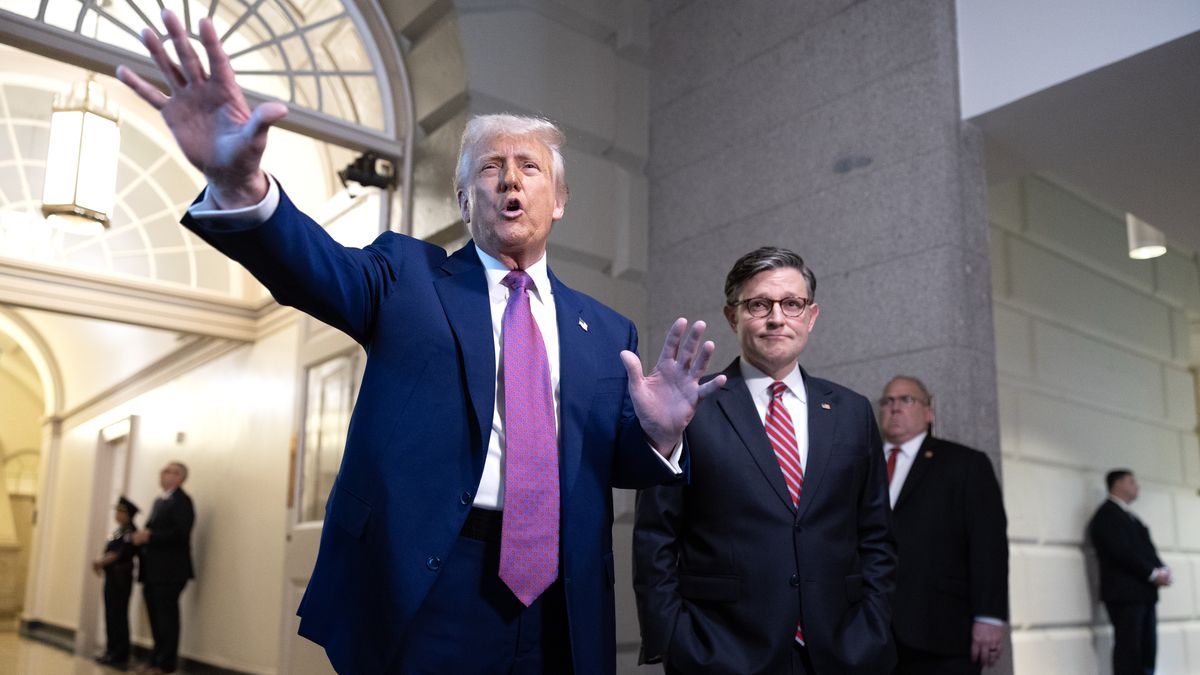 WASHINGTON, DC - MAY 20: President Donald Trump and House Speaker Mike Johnson (R-LA) speak to reporters following a closed-door meeting with House Republicans on May 20, 2025 on Capitol Hill in Washington. (Photo by Tom Brenner For The Washington Post via Getty Images)