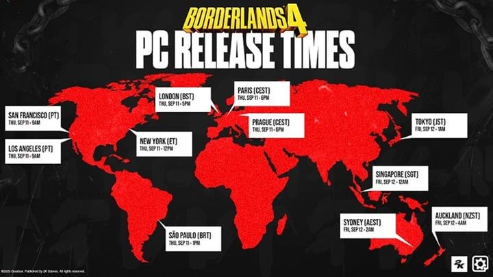 Mapa przedstawiająca godzinę premiery Borderlands 4 w poszczególnych częściach świata. Źródło: Gearbox Software / 2K Games / Steam. - Niespodzianka w kwestii premiery Borderlands 4. W Polsce zagramy o jeden dzień wcześniej - wiadomość - 2025-09-08