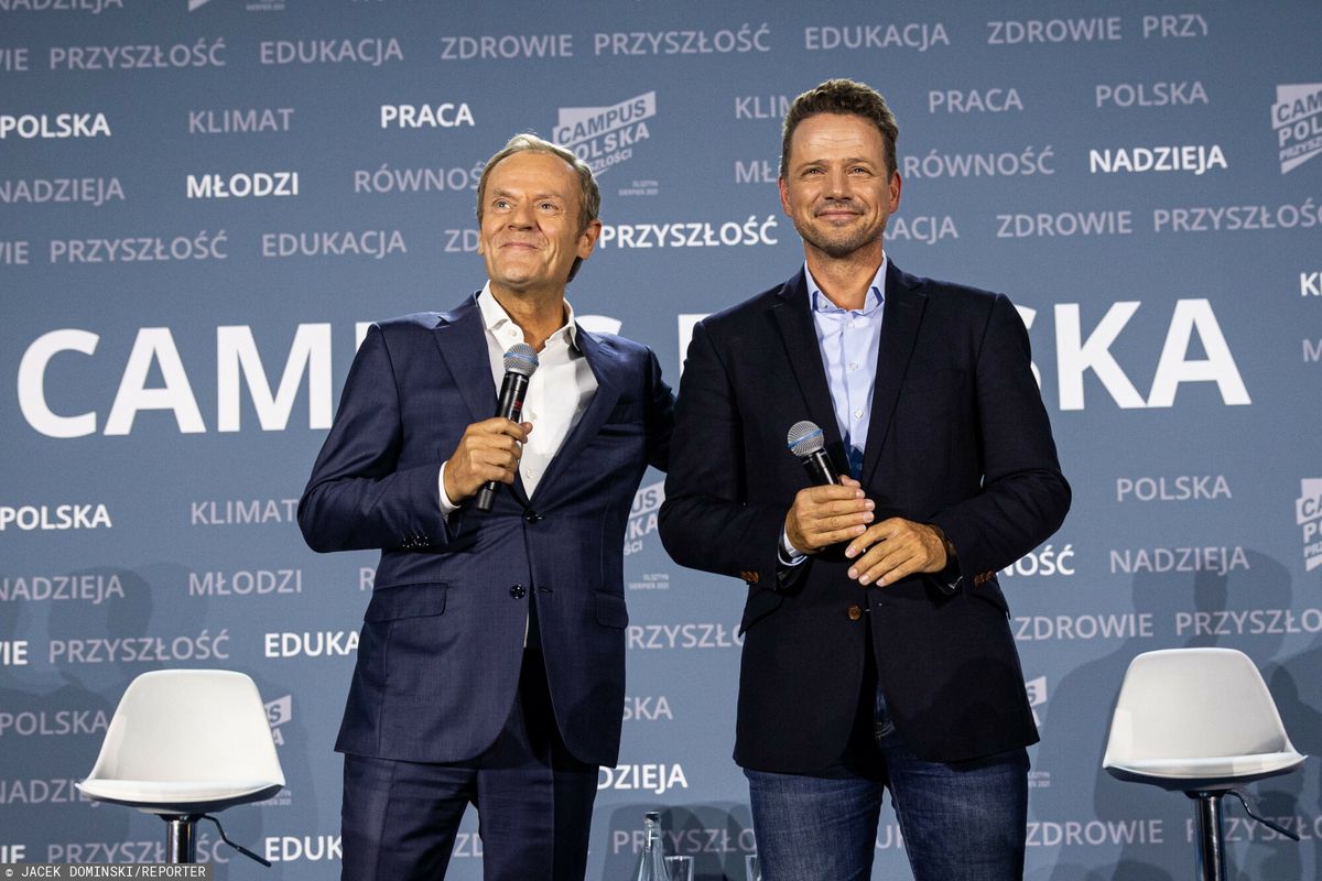 Rafał Trzaskowski i Donald Tusk podczas debaty w ramach Campusu Polska Przyszłości 