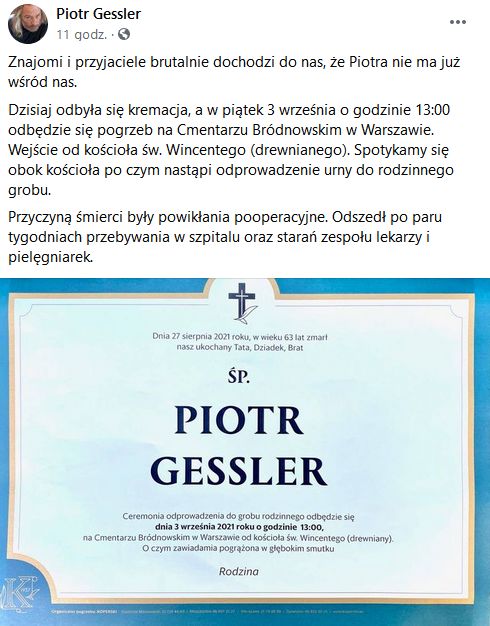 Poinformowano o przyczynie śmierci Piotra Gesslera
