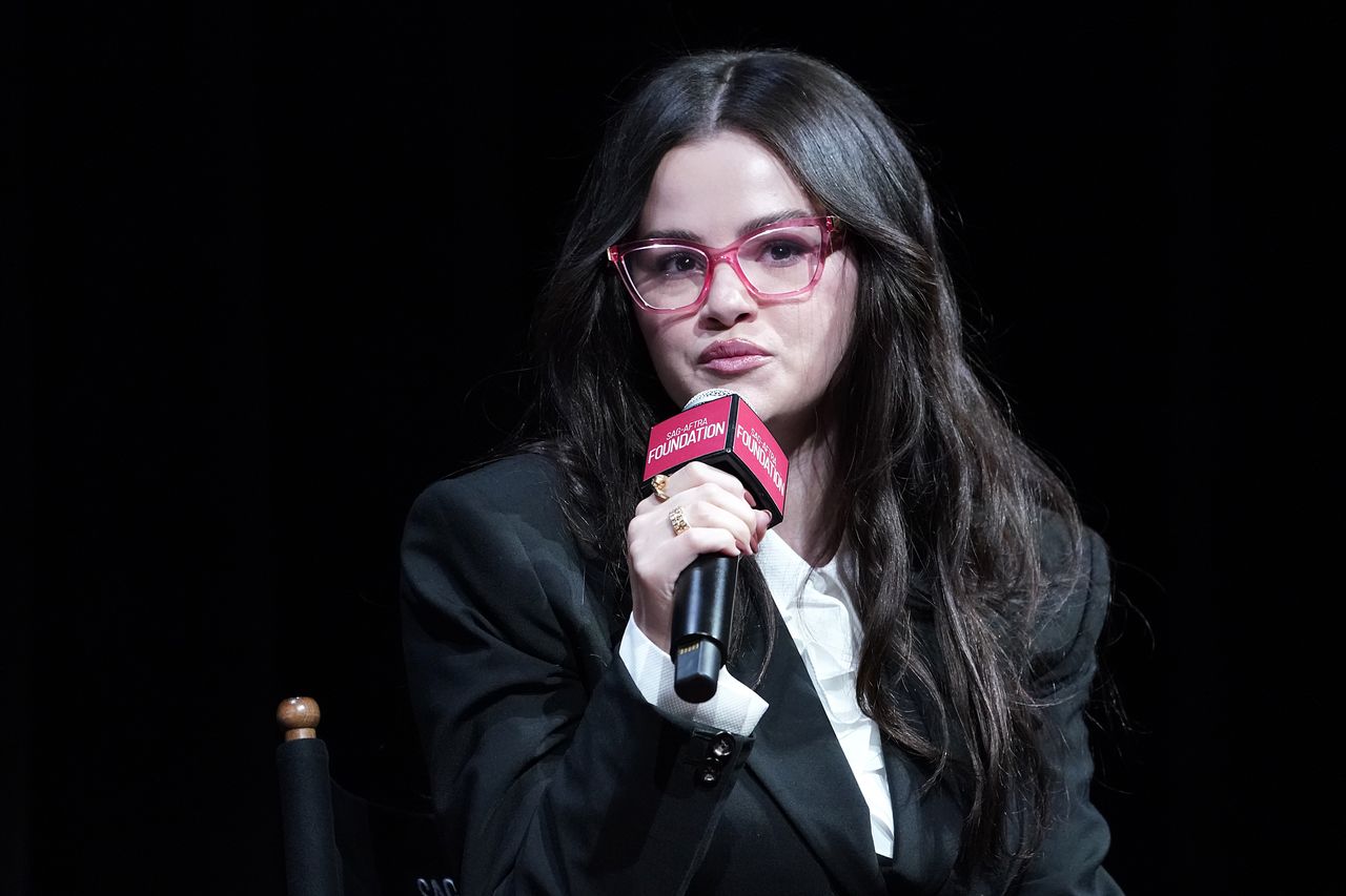 NEW YORK, NEW YORK - OCTOBER 15: Selena Gomez speaks during the SAG-AFTRA Foundation Conversations  for "Emilia Pérez" at SAG-AFTRA Foundation Robin Williams Center on October 15, 2024 in New York City.  (Photo by John Lamparski/Getty Images)