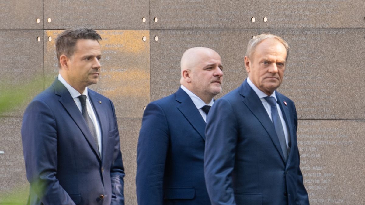 WARSAW, POLAND - 2024/08/01: (L - R) Mayor of Warsaw Rafal Trzaskowski, Polish politician Pawel Kowal, Prime Minister of Poland Donald Tusk, and Director of the Warsaw Rising Museum Jan Oldakowski are going to a press conference. Prime Minister Donald Tusk, Mayor Rafal Trzaskowski, and Warsaw Rising Museum Director Jan Oldakowski delivered statements to the media. Tusk announced a 100 million Polish Zloty (EUR 23 million) in funding for the Warsaw Rising Museum's expansion. This funding aims to enhance the museum's capacity to educate more visitors about the rising's history. The event marked the 80th anniversary of the Warsaw Rising. (Photo by Marek Antoni Iwanczuk/SOPA Images/LightRocket via Getty Images)