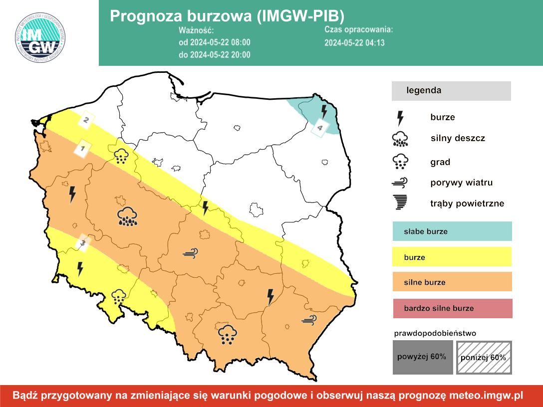 Prognoza burzowa IMGW na środę, 22 maja 2024
