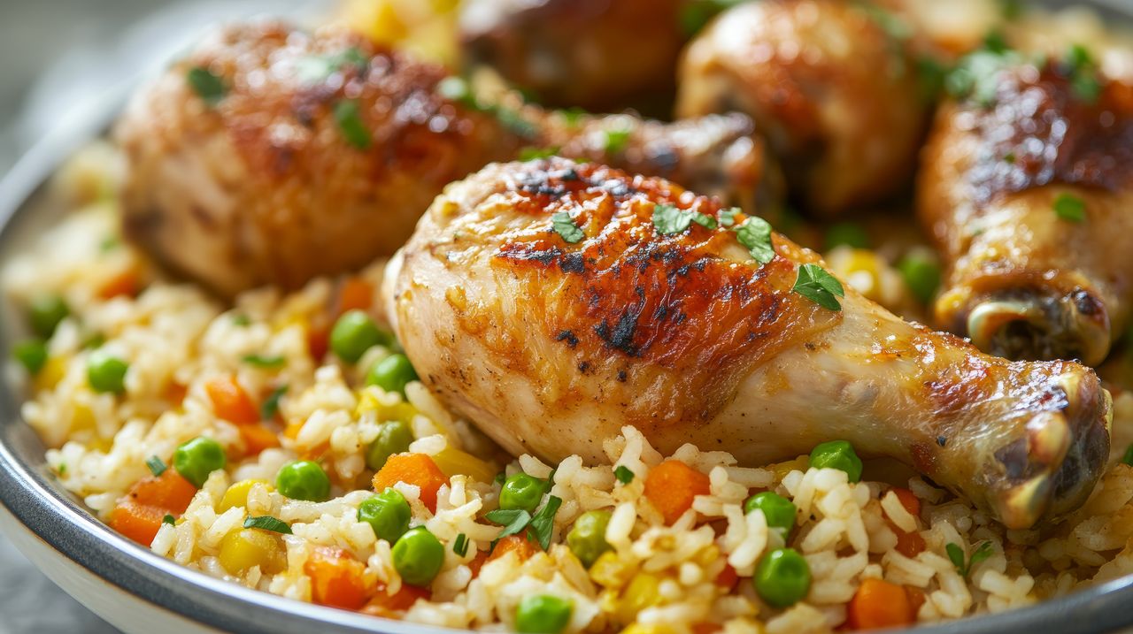 Baked chicken drumsticks on rice