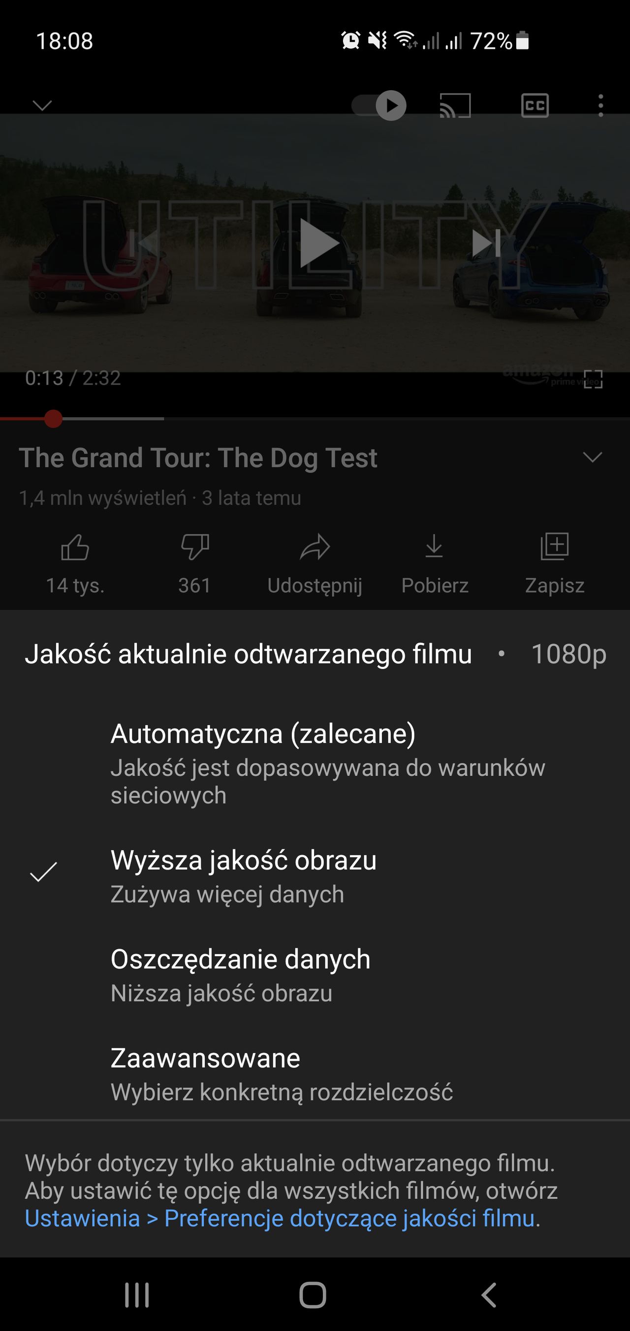 Ustawienia rozdzielczości filmów w aplikacji YouTube.