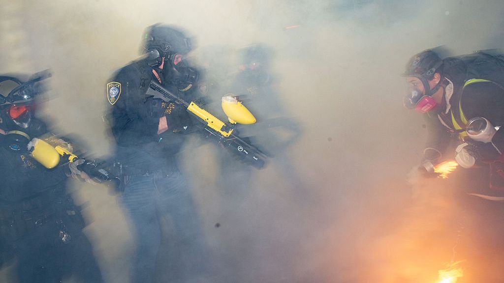 Anti-ICE protest outside Portland City Hall
PORTLAND OREGON, UNITED STATES - FEBRUARY 1: ICE deploys pepper balls, tear gas, and flashbang grenades on hundreds of people who marched from Portland City Hall to the ICE facility to protest against the agency's actions in Portland Oregon, United States on February 01, 2026. Eight people have died across the country during interactions with agents of the federal agency in 2026 so far. (Photo by Sean Bascom/Anadolu via Getty Images)
Anadolu
demonstration, clash, federal agents, munitions, portland