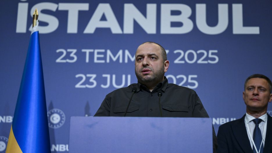 ISTANBUL, TURKIYE - JULY 23: Rustem Umerov, the head of Ukraine's National Security and Defense Council, speaks at the Ciragan Palace following RussiaUkraine peace talks hosted by Turkiye in Istanbul on July 23, 2025. (Photo by Arif Hudaverdi Yaman/Anadolu via Getty Images)