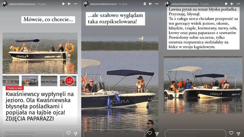 Aleksandra Kwaśniewska relaksuje się na Mazurach z ojcem i suczką