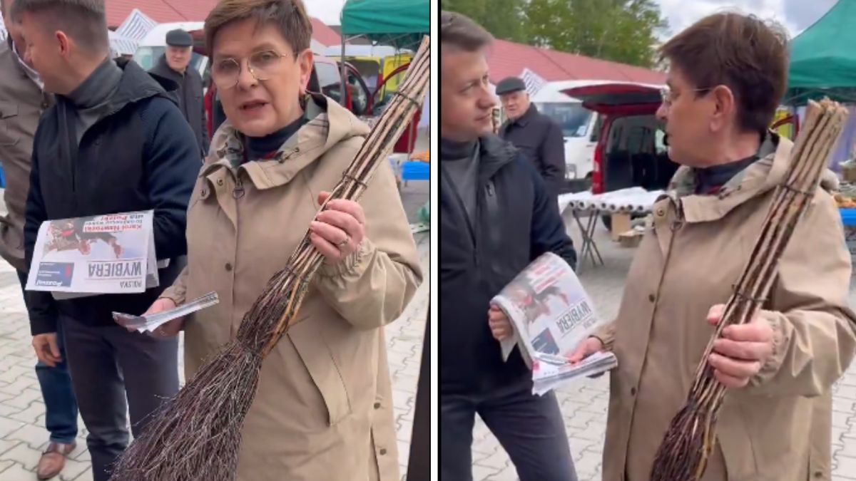 Beata Szydło pozuje z miotłą