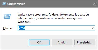 Wciskamy na klawiaturze WINDOWS + R, wpisujemy "cmd" i klikamy "OK"