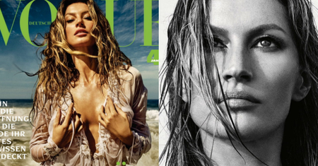 Kusząca Gisele Bundchen tarza się po plaży w niemieckiej edycji "Vogue'a"