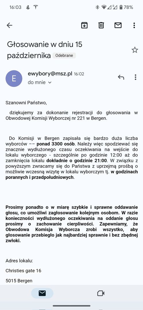 MSZ rozesłało wiadomości do wyborców głosujących w Bergen