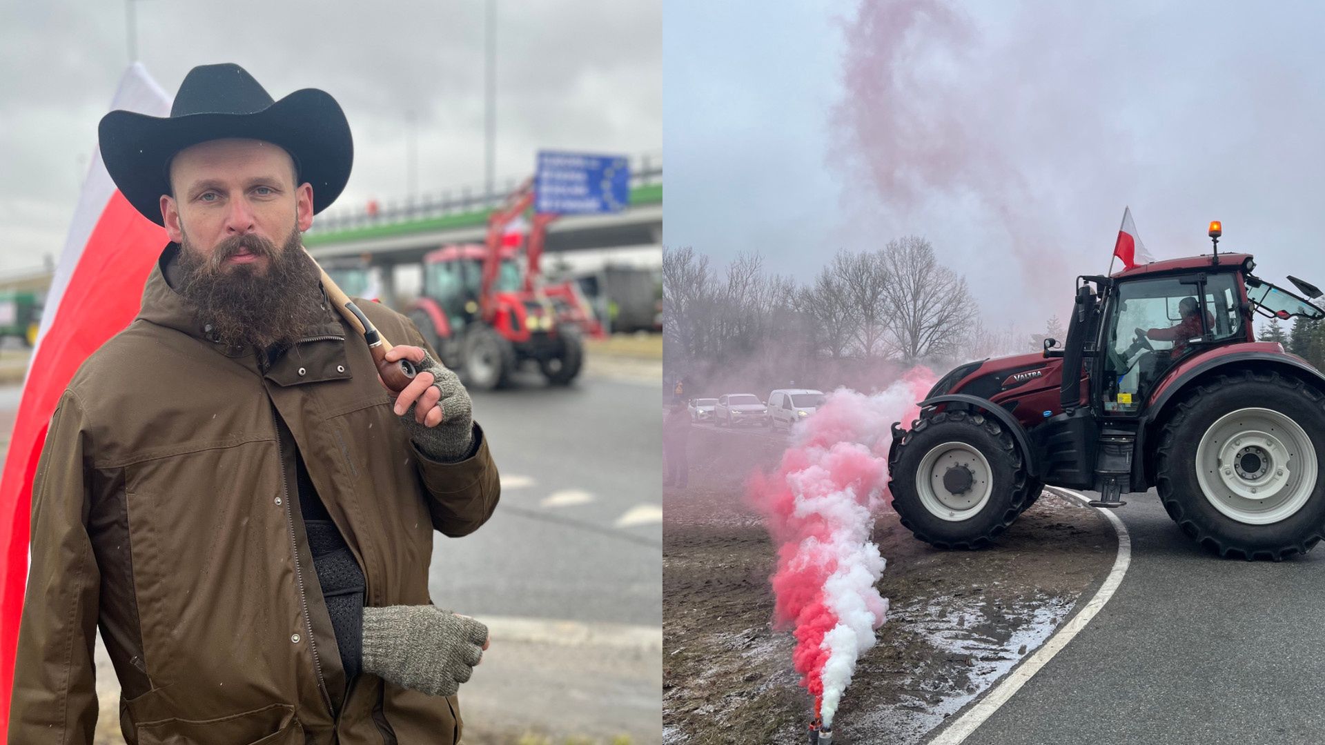 Protest rolników pod Warszawą. Na fot. blokada przy austradzie A2 oraz Maciej Perzyna