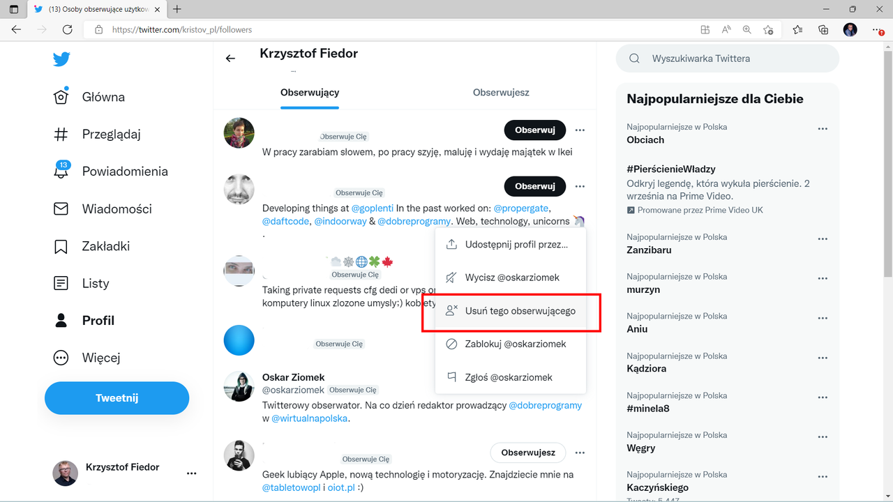 Twitter: z menu wybieramy Usuń tego obserwującego