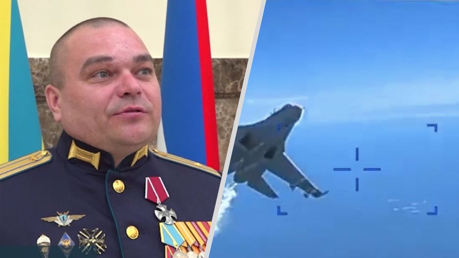 Mjr Siergiej Popow i jego myśliwiec Su-27 sfilmowany przez amerykańskiego drona