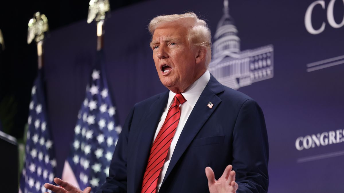 DORAL, FLORIDA - JANUARY 27:  U.S. President Donald Trump addresses the 2025 Republican Issues Conference at the Trump National Doral Miami on January 27, 2025 in Doral, Florida. The three-day planning session was expected to lay out Trump's ambitious legislative agenda. (Photo by Joe Raedle/Getty Images)