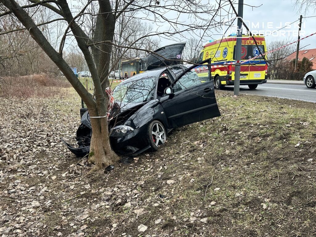 Na śliskiej nawierzchni stracił panowanie i uderzył w drzewo. Wypadek na Vogla