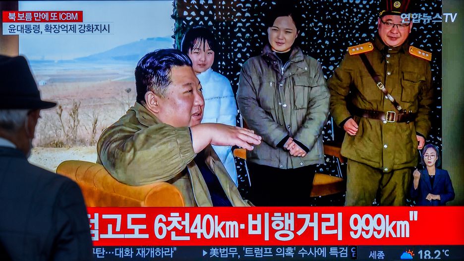 A TV screen shows North Korea's KCNA released a picture of
SEOUL, SOUTH KOREA - 2022/11/19: A TV screen shows North Korea's KCNA released a picture of North Korean leader Kim Jong Un (L), his wife Ri Sol Ju (R), and his daughter Kim Chu-ae during a news program at the Yongsan Railway Station in Seoul, South Korea. North Korean leader Kim Jong-un declared a resolute nuclear response to threats by the United States during an on-site inspection of the country's test-firing of a Hwasong-17 intercontinental ballistic missile (ICBM) earlier this week, Pyongyang's state media said 19 November.
The missile, launched from Pyongyang International Airport, flew 999.2 kilometers for 4,135 seconds at an apogee of 6,040.9km and landed in the international waters of the East Sea, according to the Korean Central News Agency (KCNA).
The KCNA released several photos that showed his daughter named Kim Chu-ae in a white winter jacket and black pants standing and walking together with Kim in front of the missile that sat on a launch truck. The daughter was also seen along with her mother, Ri Sol-Ju, watching her father as he instructed military officials.
It marked her first official appearance in state media. (Photo by KIM Jae-Hwan/SOPA Images/LightRocket via Getty Images)
SOPA Images
hwasong-17, icbm test launch, kim jong un, launch, news program, north korea's kcna, north korean leader, pyongyang international airport, resolute nuclear, ri sol ju, tv screen, yongsan railway station, kim chu-ae