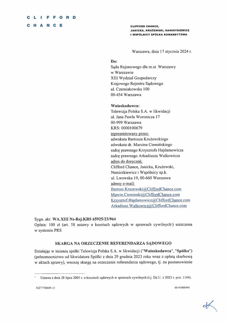 Fragmenty wniosku złożonego przez kancelarię Clifford Chance 
