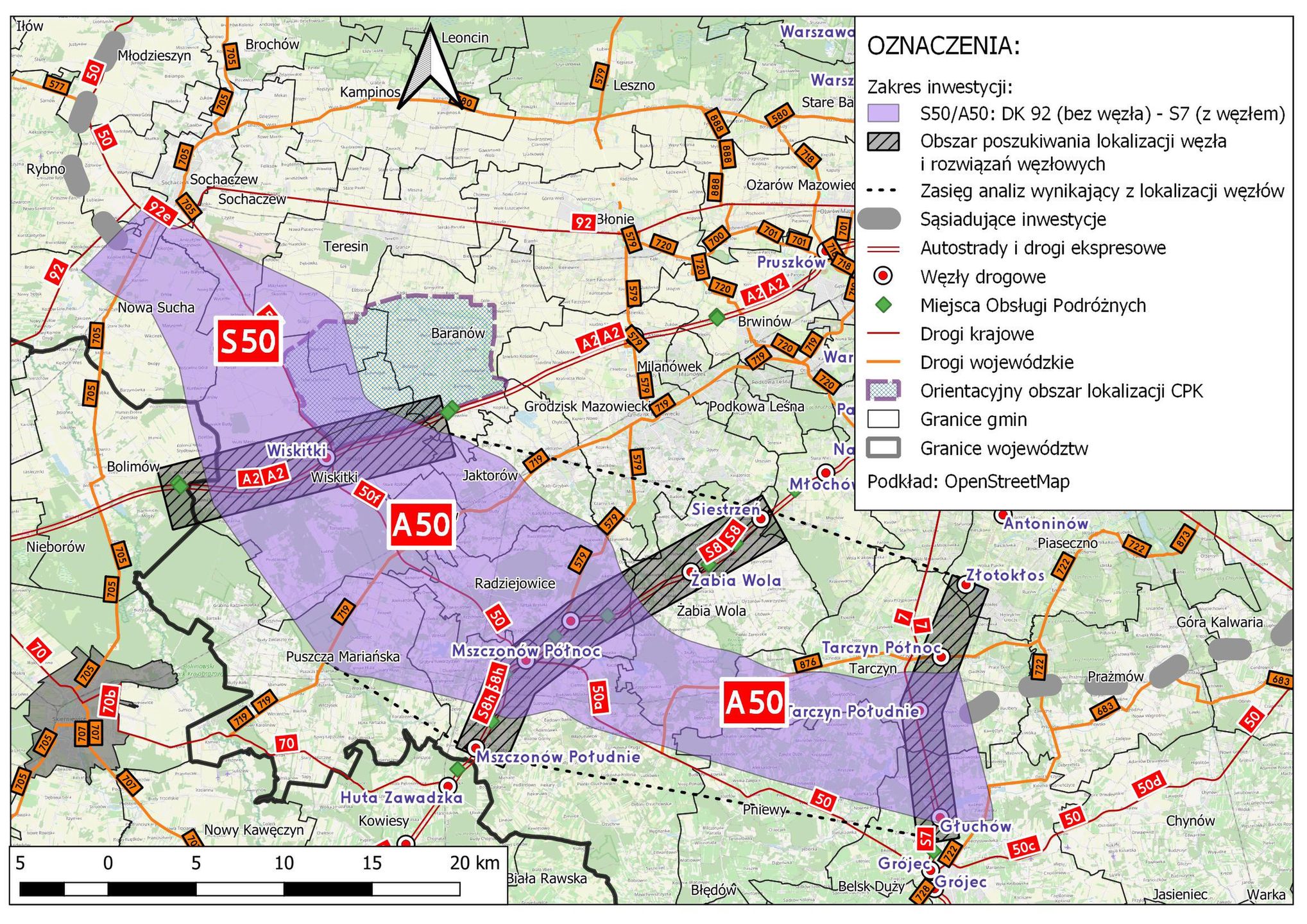 Korytarz, w który wykonawca ma ustalić przebieg OAW od DK92 do S7