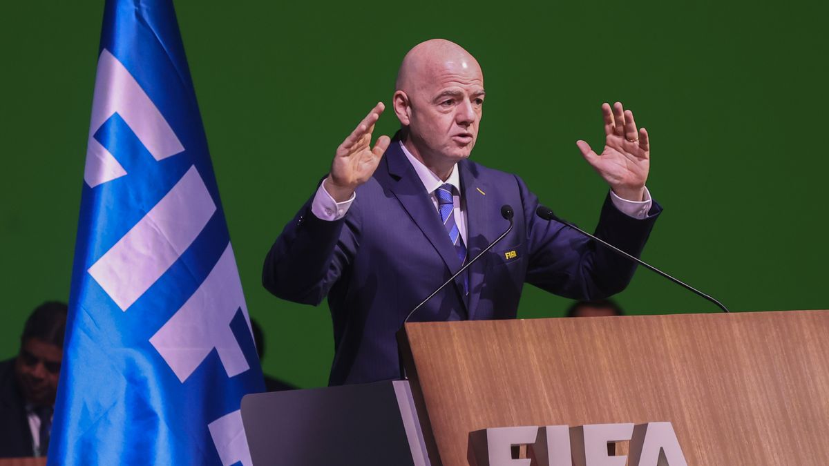 KIGALI, RWANDA - MARCH 16: Gianni Infantino speaks during the 73rd FIFA Congress as he is re-elected unopposed as president of FIFA until 2027 in Kigali, Rwanda on March 16, 2023. (Photo by Cyril Ndegeya/Anadolu Agency via Getty Images)