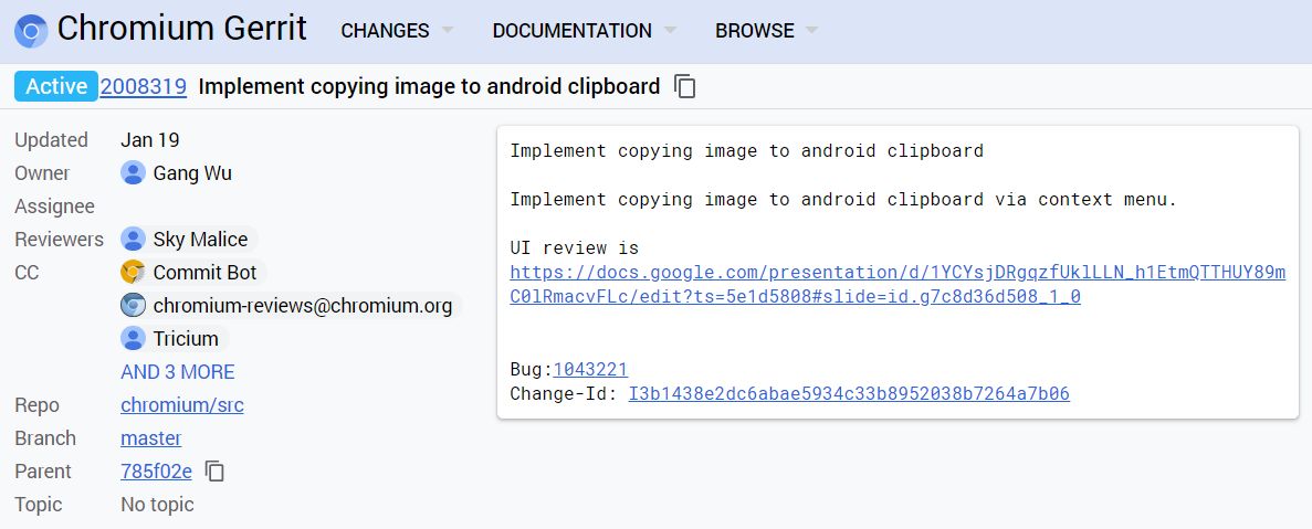 Commit w Chromium Gerrit sugeruje trwające prace nad kopiowaniem zdjęć prosto do schowka, źródło: Chrome Gerrit.
