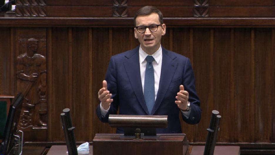 Premier Mateusz Morawiecki na mównicy sejmowej
