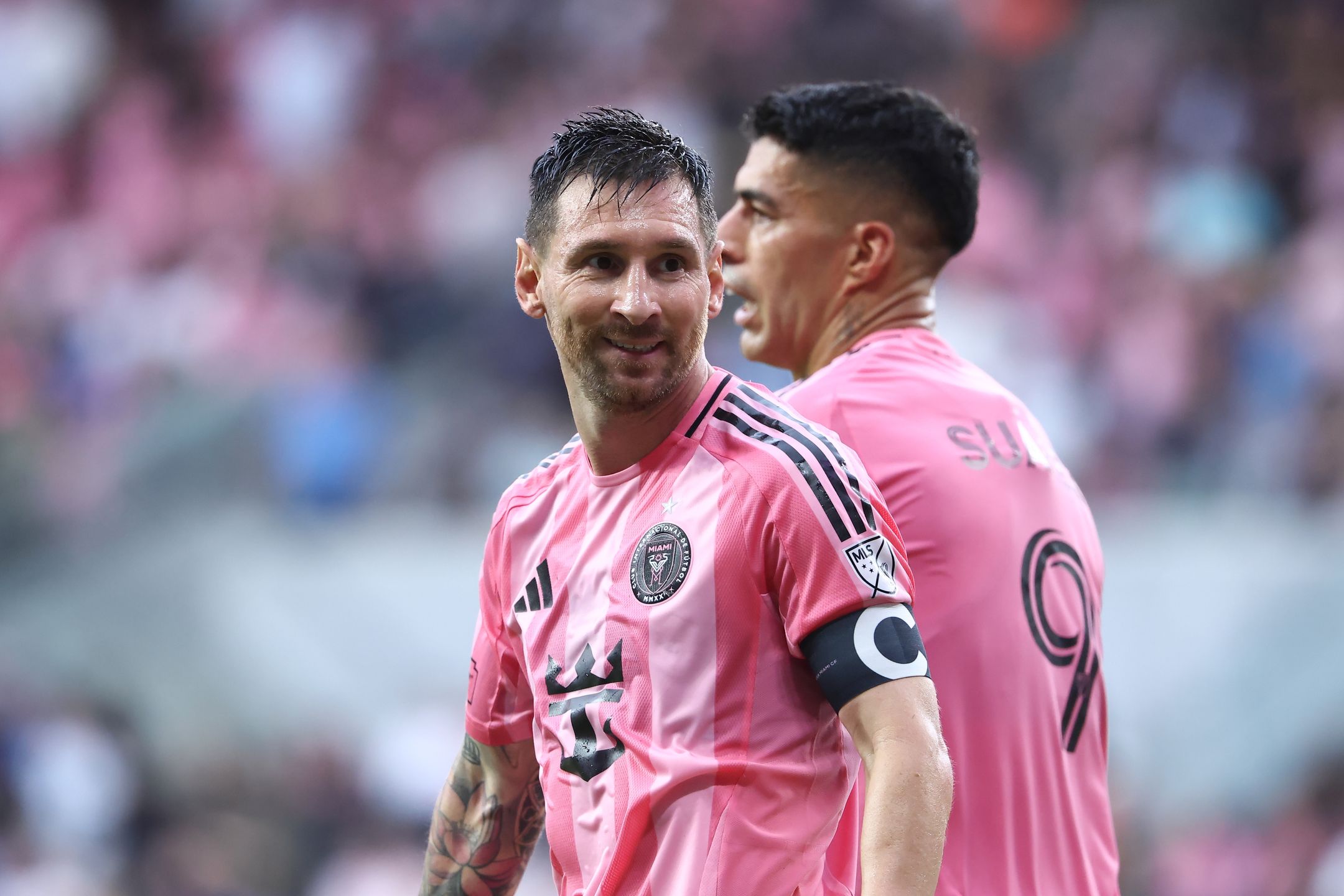 MIAMI, FL - MAY 17: Inter Miami CF midfielder Leo Messi (10) smiles after a goal assist and 2-0 lead int he first half during the match between the Portland Timbers and Inter Miami CF on Sunday, May 17, 2026 at Nu Stadium in Miami, FL. (Photo by Peter Joneleit/Icon Sportswire via Getty Images)