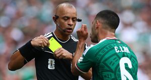 MEXICO CITY, MEXICO - JUNE 11:   Erik Lira of Mexico reacts to Referee Wilton Pereira Sampaio during the FIFA World Cup 2026 Group A match between Mexico and South Africa at Mexico City Stadium on June 11, 2026 in Mexico City, Mexico. (Photo by Chris Brunskill/Fantasista/Getty Images)