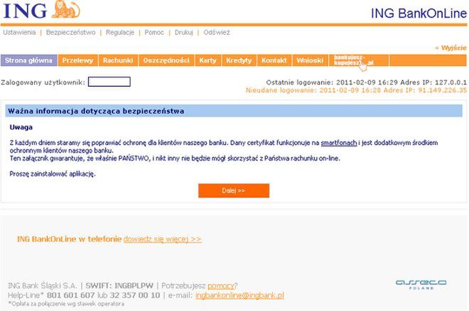 Fałszywa strona logowania wygenerowana przez trojana ZeuS. 