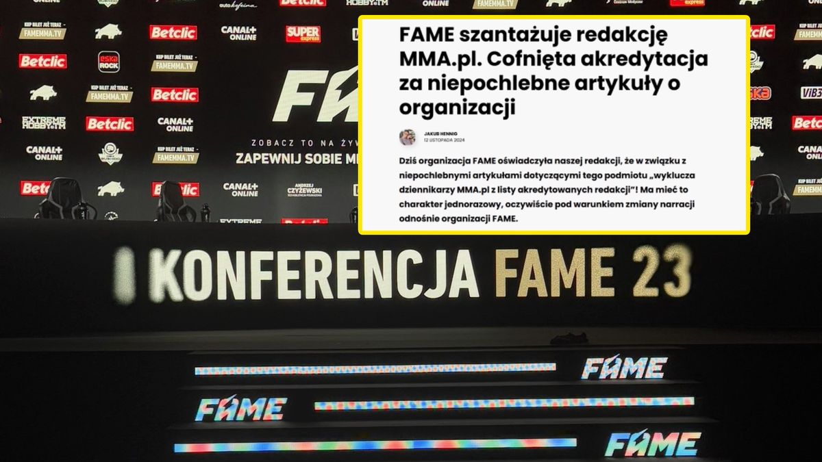 Twitter / FAME MMA/ mma.pl / Konferencja prasowa przed FAME 23, w ramce artykuł z portalu mma.pl