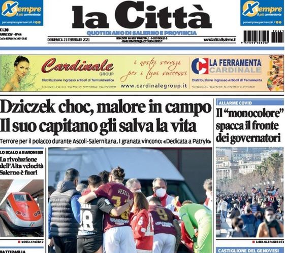 Niedzielna okładka lokalnego dziennika z Salerno - "La Citta"