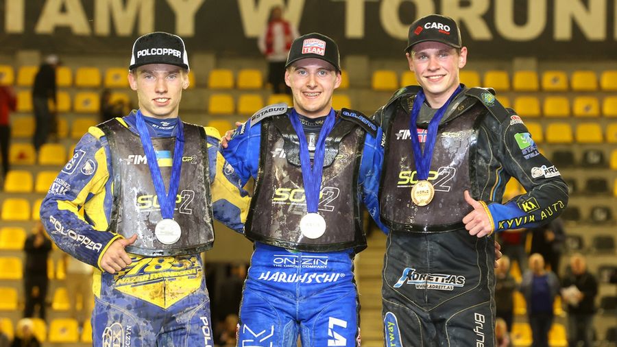 WP SportoweFakty / Michał Szmyd / Na zdj. Końcowe podium SGP2 2024 - od lewej Nazar Parnicki, Wiktor Przyjemski i Mathias Pollestad