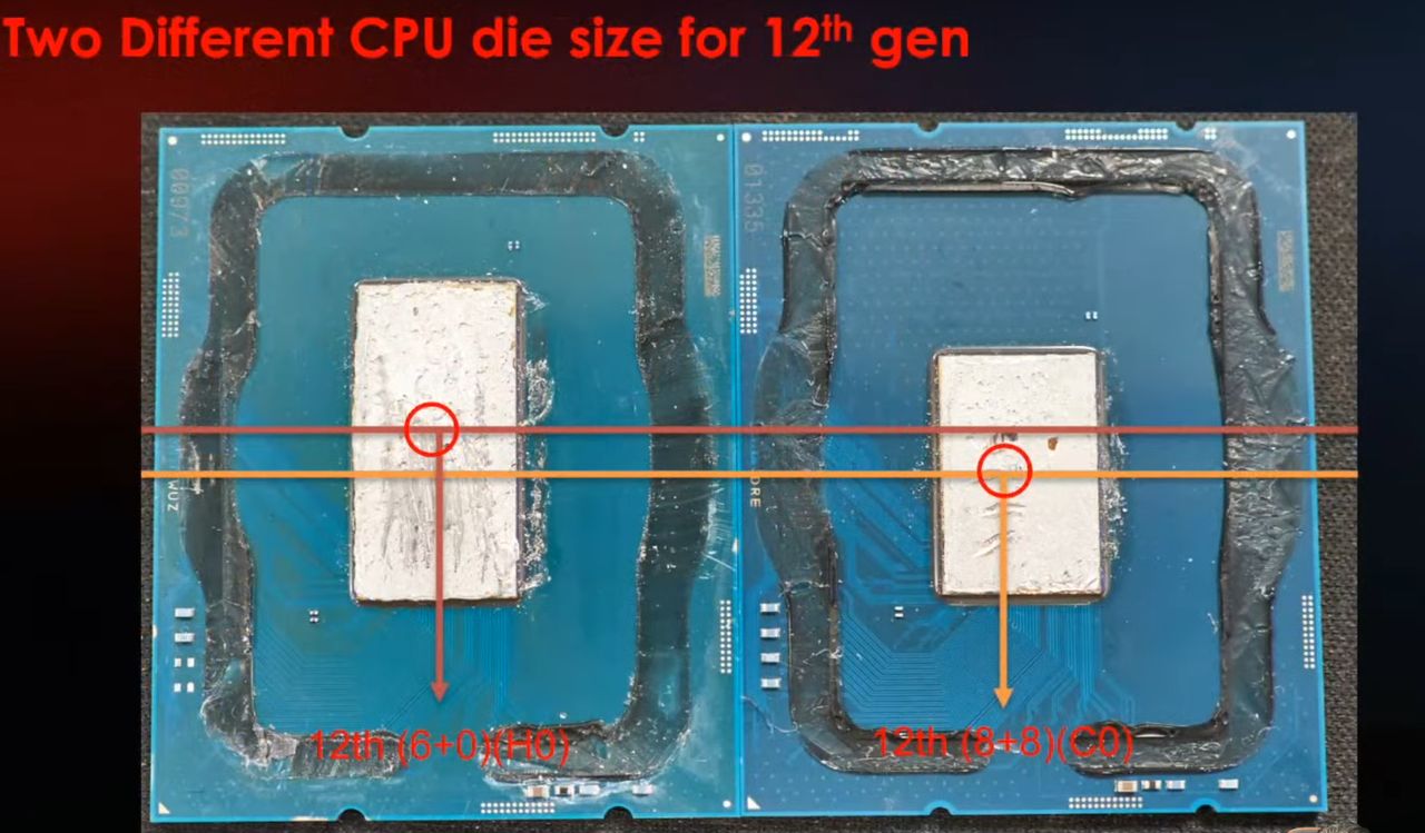 Porównanie wariantów rdzeni procesorów Intela z serii Alder Lake. Lewy to większy rdzeń z jednostkami P-core i E-core, a prawy to mniejszy wariant z wyłącznie z rdzeniami P-core (odwrotnie w stosunku do oznaczeń naniesionych przez MSI)