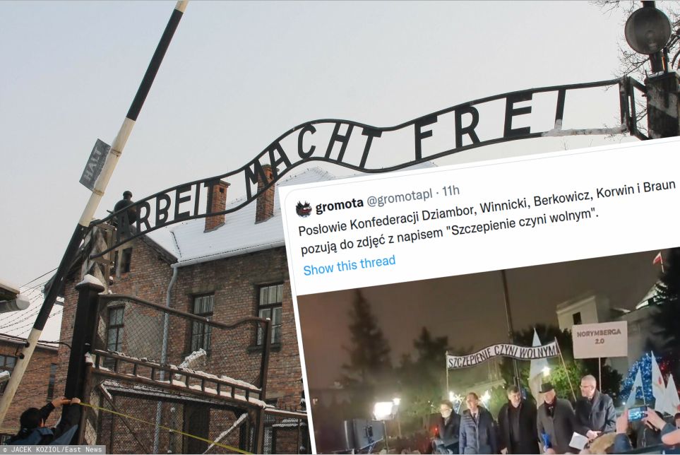 "Szczepienie czyni wolnym". Muzeum Auschwitz reaguje na transparent na proteście Konfederacji (Źródło: twitter.com/gromota, East News)
