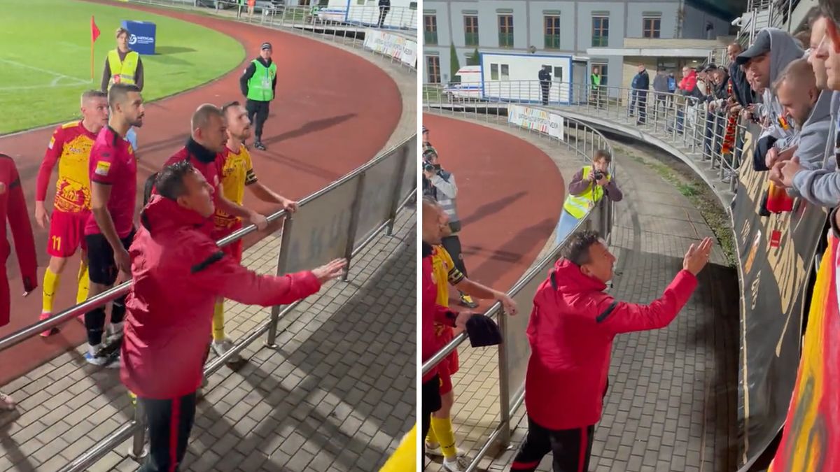 Konfrontacja trenera Znicza Pruszków Mariusza Misiury z kibicami.