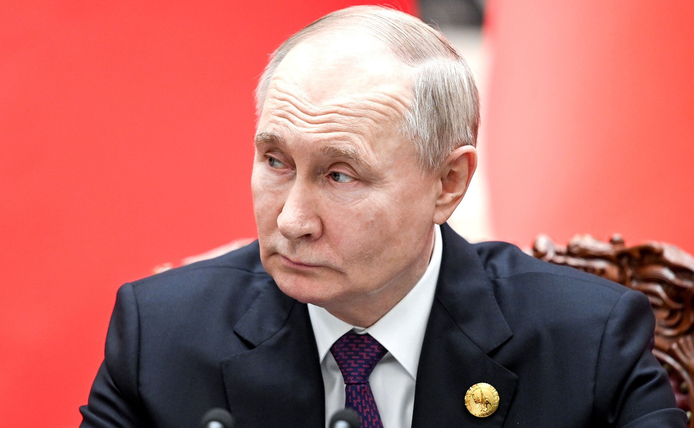 BEIJING, CHINA - MAY 16 : (----EDITORIAL USE ONLY - MANDATORY CREDIT - 'KREMLIN PRESS OFFICE / HANDOUT' - NO MARKETING NO ADVERTISING CAMPAIGNS - DISTRIBUTED AS A SERVICE TO CLIENTS----) Russian President Vladimir Putin attends a bilateral meeting with his Chinese counterpart Xi Jinping (not seen) in Beijing, China on May 16, 2024. Putin will pay a two-day official visit at the invitation of his Chinese counterpart. (Photo by Kremlin Press Office / Handout/Anadolu via Getty Images)