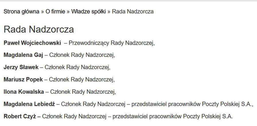 Obecny skład rady nadzorczej Poczty Polskiej