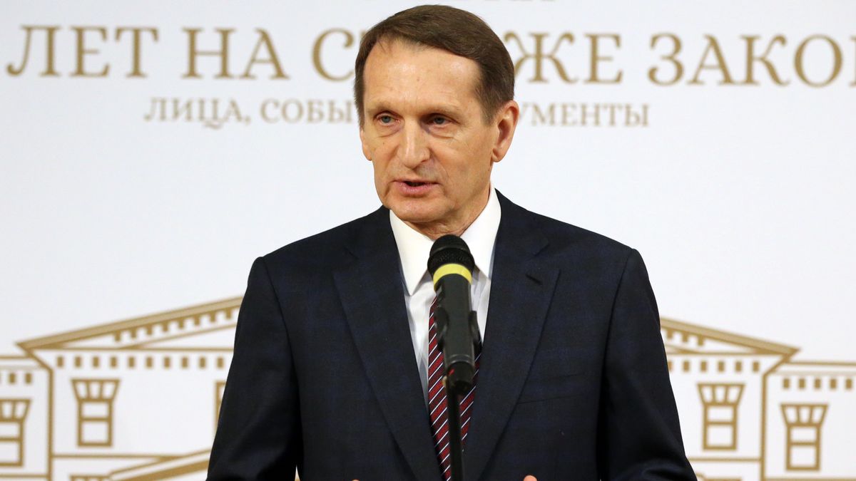 MOSCOW, RUSSIA - DECEMBER,27 (RUSSIA OUT): Russian Foreign Intelligence Service (SVR) Director Sergei Naryshkin speaks during the opening of the exhibition dedicated to the 300th anniversary of Russian Prosecutor's Office, on December,27,2021, in Moscow, Russia. (Photo by Mikhail Svetlov/Getty Images)