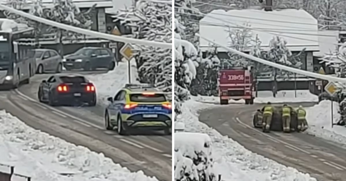 Ford Mustang na oblodzonej drodze