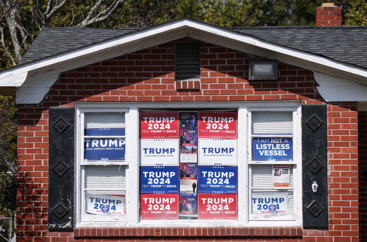 Campaign signs for former US President Donald Trump at the office of Representative Joe Wilson, a Republican from South Carolina, in West Columbia, South Carolina, US, on Thursday, Feb. 22, 2024. Donald Trump is on the cusp of the Republican nomination and is looking to deliver a knockout blow to Nikki Haley, his last remaining GOP challenger, in her home state of South Carolina, which holds its primary on February 24. Photographer: Sam Wolfe/Bloomberg via Getty Images