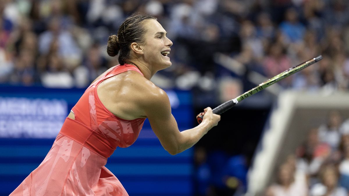 NEW YORK, USA:  September 9:  Aryna Sabalenka of Belarus in action during her match against Coco Gauff of the United States in the Women's Singles Final match on Arthur Ashe Stadium during the US Open Tennis Championship 2023 at the USTA National Tennis Centre on September 9th, 2023 in Flushing, Queens, New York City.  (Photo by Tim Clayton/Corbis via Getty Images)