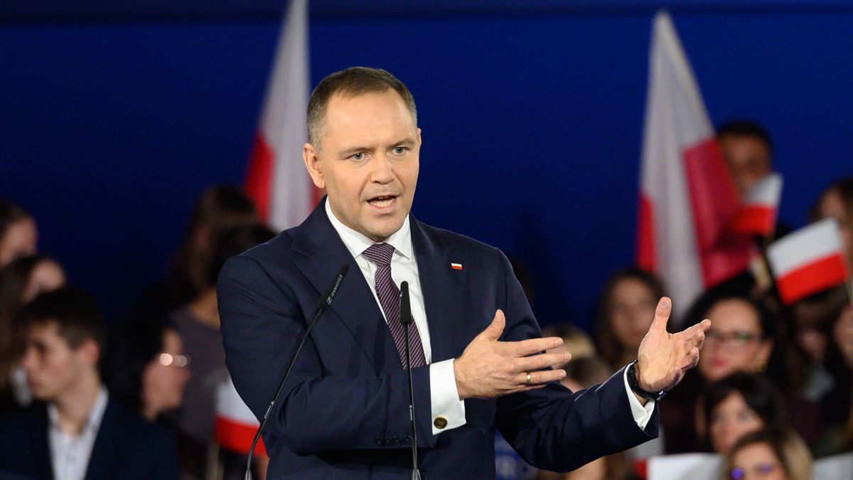 Poland's President Karol Nawrocki gestures as he holds a speech during a meeting with the local community in Minsk Mazowiecki, Poland, on November 14, 2025. (Photo by Aleksander Kalka/NurPhoto via Getty Images)