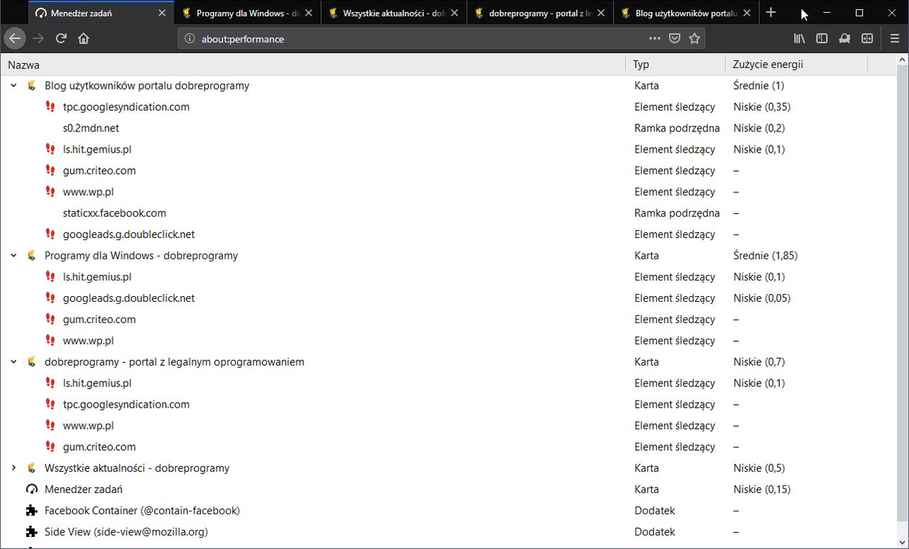 Przebudowany menedżer zadań dostępny pod adresem about:performance.