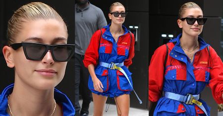 Hailey Baldwin lansuje modę na wiatrówkę w roli sukienki...