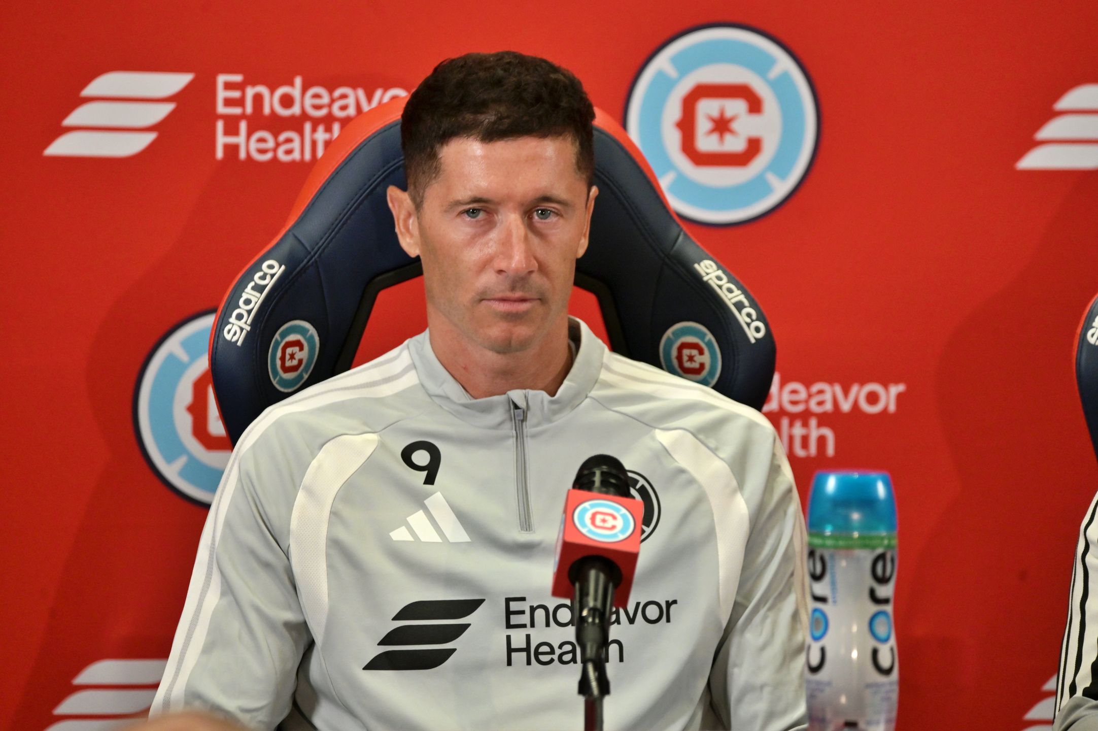 CHICAGO, ILLINOIS - JULY 14: Robert Lewandowski speaks during a press conference after being introduced by the Chicago Fire FC at Endeavor Health Performance Center in Chicago, Illinois on July 14, 2026. (Photo by Jacek Boczarski/Anadolu via Getty Images)