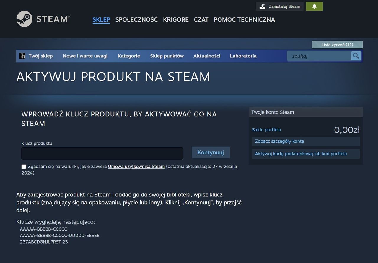 Okno aktywacji klucza Steam na witrynie platformy